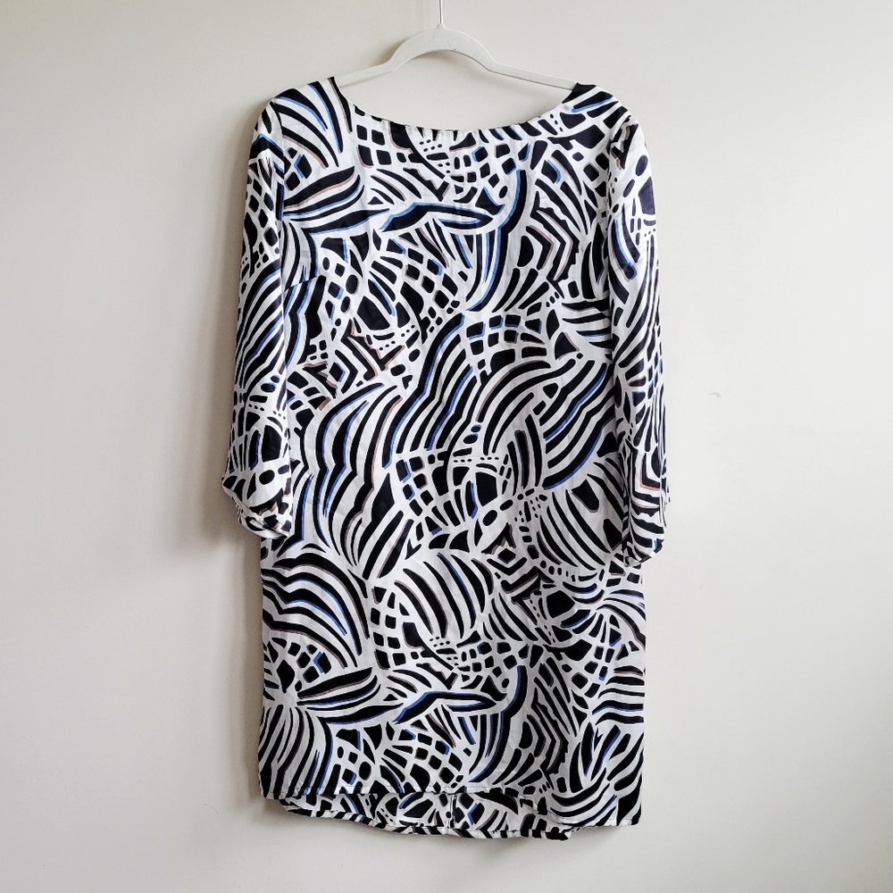 Lilli Sucre 100% Silk Knee Length Shift 3/4 Sleeve Print Dress
